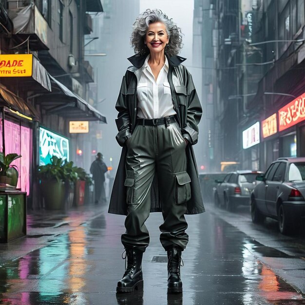 Uma mulher de casaco de chuva está em uma calçada molhada na frente de um sinal de néon
