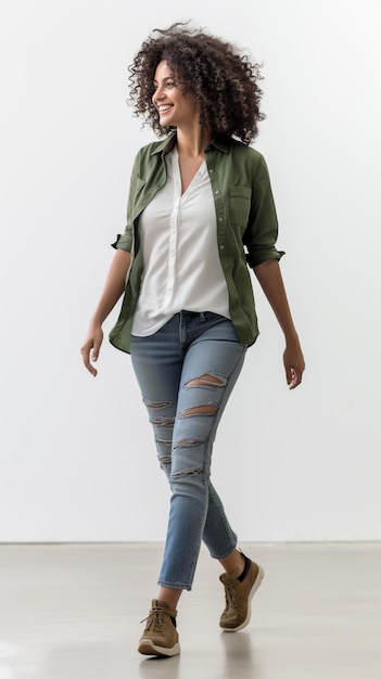 uma mulher de casaco verde e calças jeans está em frente a um fundo branco gerado por IA