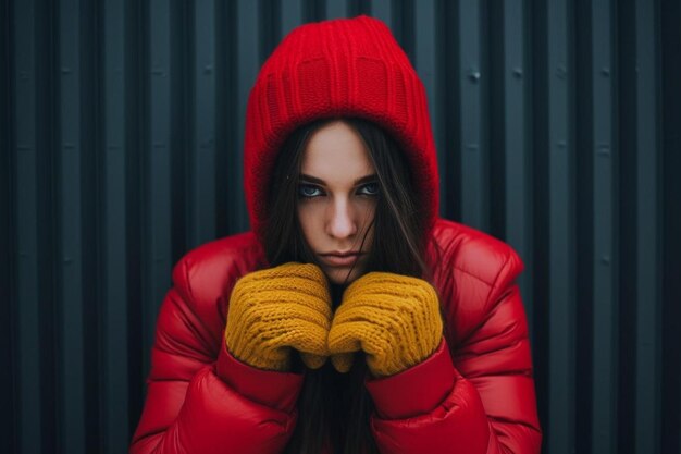 uma mulher de casaco vermelho com um chapéu vermelho e luvas