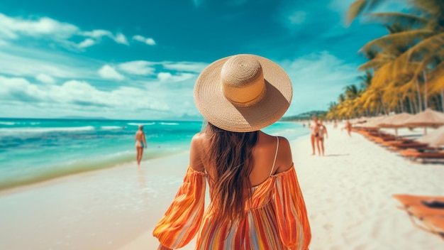 Uma mulher de chapéu caminha na praia