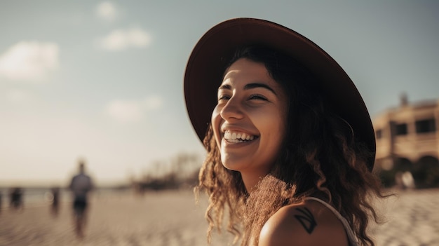 Uma mulher de chapéu e chapéu sorri para a câmera.