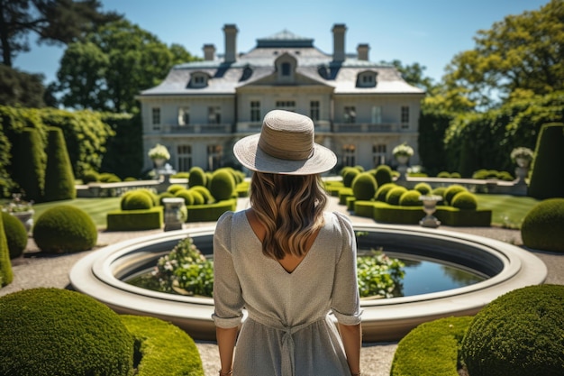 uma mulher de chapéu está olhando para fora de um luxuoso jardim clássico e casa