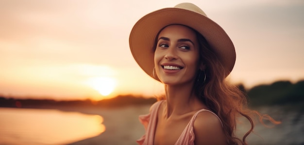 Uma mulher de chapéu fica em uma praia ao pôr do sol