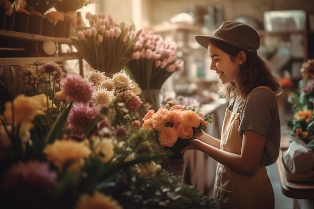 Uma mulher de chapéu fica na frente de um buquê de flores.