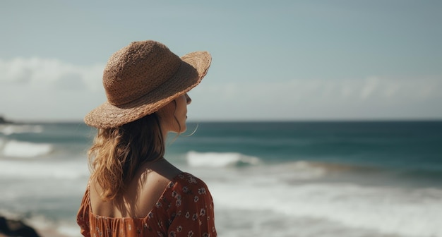 Foto uma mulher de chapéu fica na praia olhando para o oceano