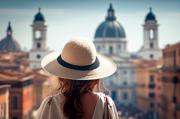 Uma mulher de chapéu observa uma paisagem urbana
