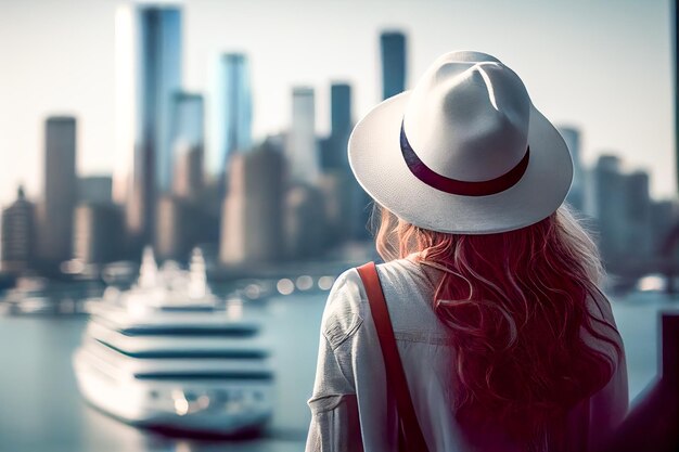 Uma mulher de chapéu olha para uma cidade e um grande navio branco está ao fundo.