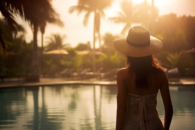 Foto uma mulher de chapéu olhando para a água de um hotel na lagoa e uma piscina