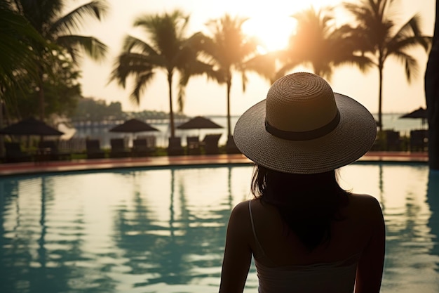Uma mulher de chapéu olhando para a água de um hotel na lagoa e uma piscina