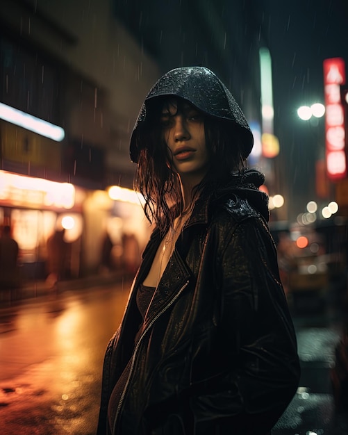 uma mulher de chapéu preto fica na chuva em frente a um letreiro de néon.