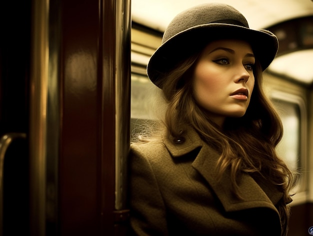 Uma mulher de chapéu senta-se em um trem do metrô.