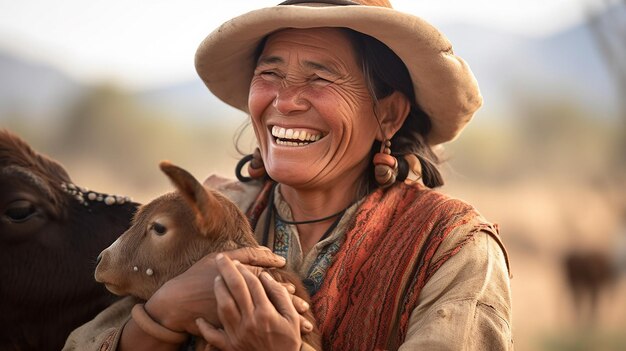 Uma mulher de chapéu sorri com um bezerro na mão.