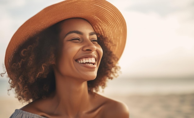 Uma mulher de chapéu sorri na praia.