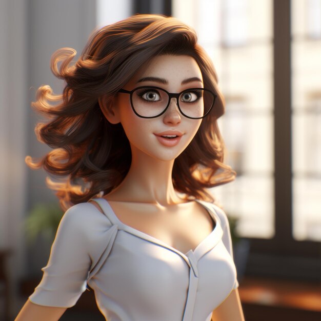 uma mulher de desenho animado usando óculos e uma camisa branca