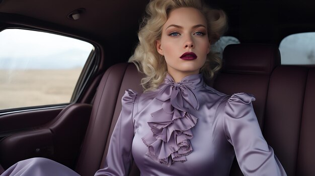 Uma mulher de escritório elegante em terno roxo dentro do carro IA generativa