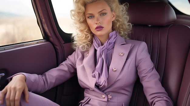 Uma mulher de escritório elegante em terno roxo dentro do carro IA generativa