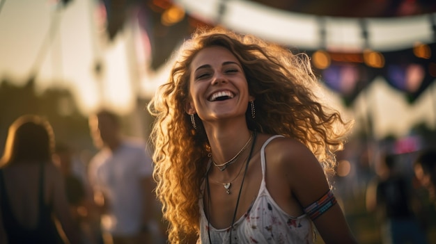 Uma mulher de espírito livre feliz em um evento de música feira parque de diversões ou festival profundidade rasa de campo