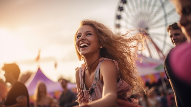 Uma mulher de espírito livre feliz em um evento de música feira parque de diversões ou festival profundidade rasa de campo