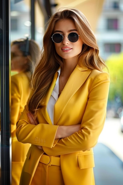 uma mulher de fato amarelo está em frente a uma janela com os braços cruzados