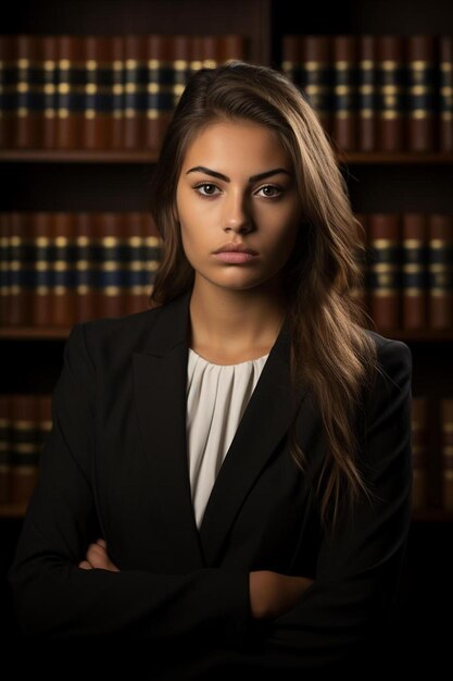 Foto uma mulher de fato com os braços cruzados na frente de uma fileira de livros