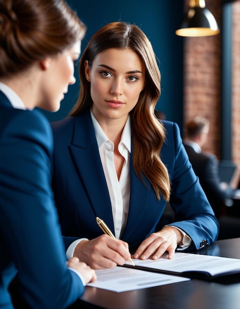 Uma mulher de fato de negócios fazendo anotações durante uma conversa