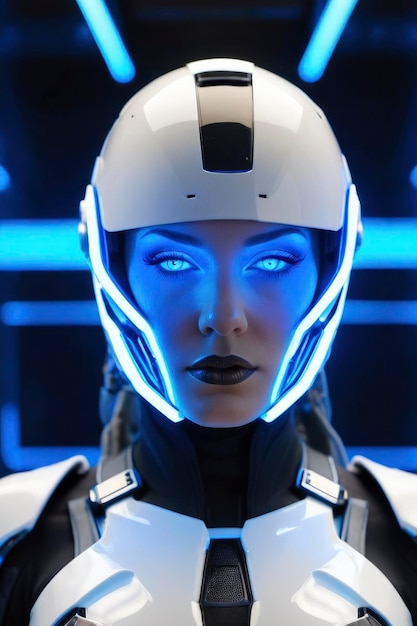 uma mulher de fato futurista com um capacete e uma luz azul