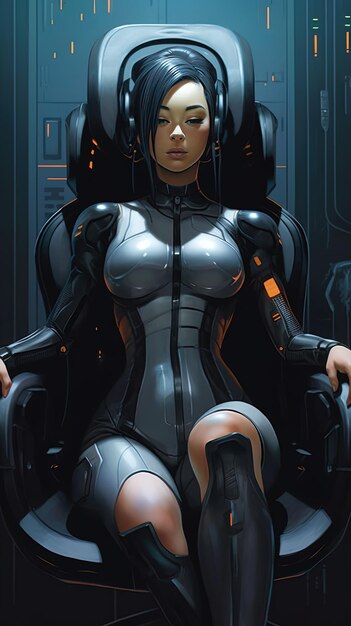 uma mulher de fato preto senta-se em uma cadeira preta em uma sala escura
