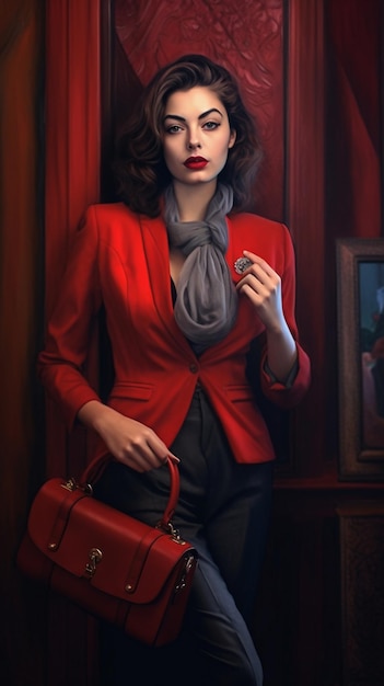 Uma mulher de fato vermelho com uma bolsa vermelha.