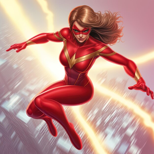 Foto uma mulher de fato vermelho salta sobre um edifício com uma luz de néon atrás dela