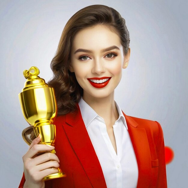 uma mulher de fato vermelho segura um troféu