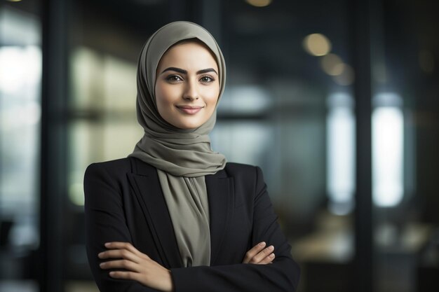 Uma mulher de hijab com os braços cruzados.