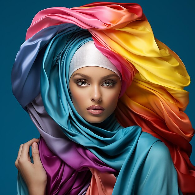 Foto uma mulher de hijab com um hijab colorido na cabeça