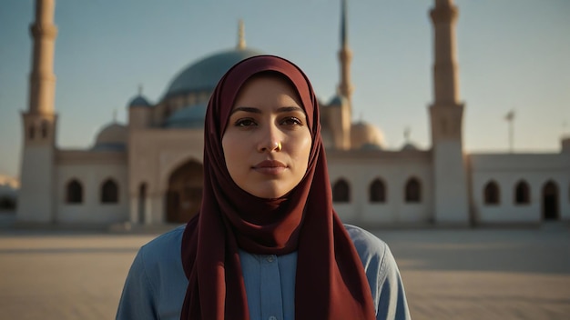 Foto uma mulher de hijab está em frente a uma mesquita verde