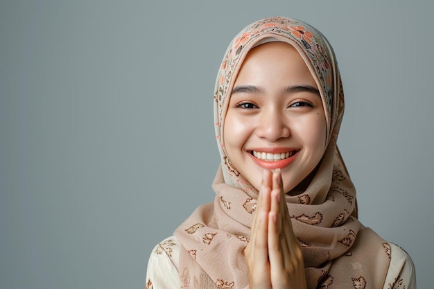 uma mulher de hijab está sorrindo e segurando as mãos juntas