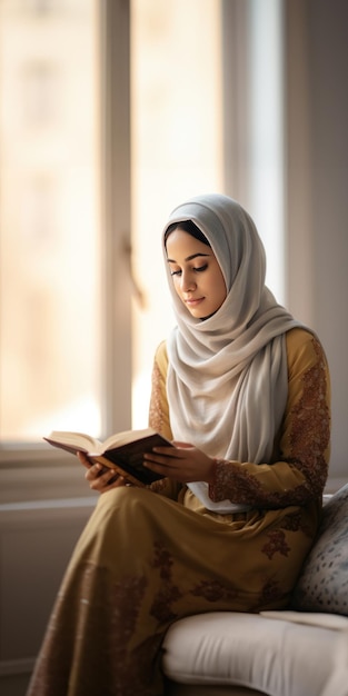 Uma mulher de hijab lendo um livro