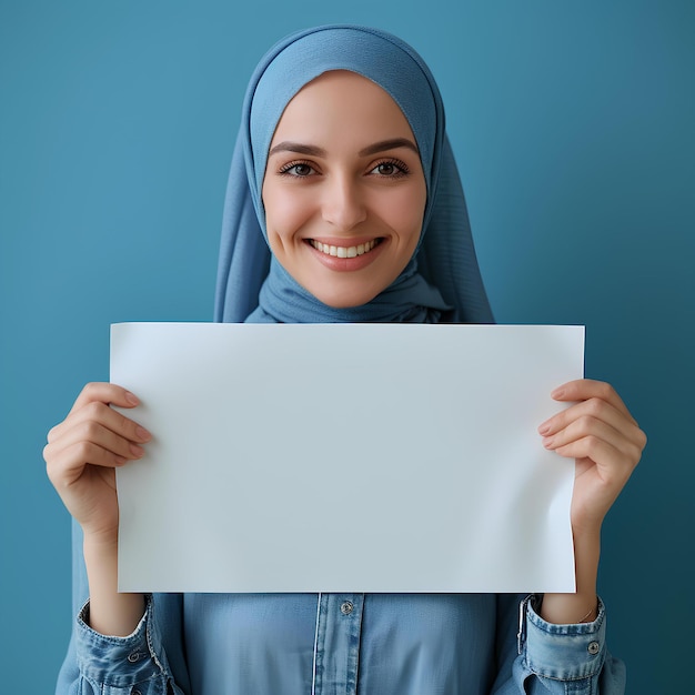 Uma mulher de hijab segurando um papel branco