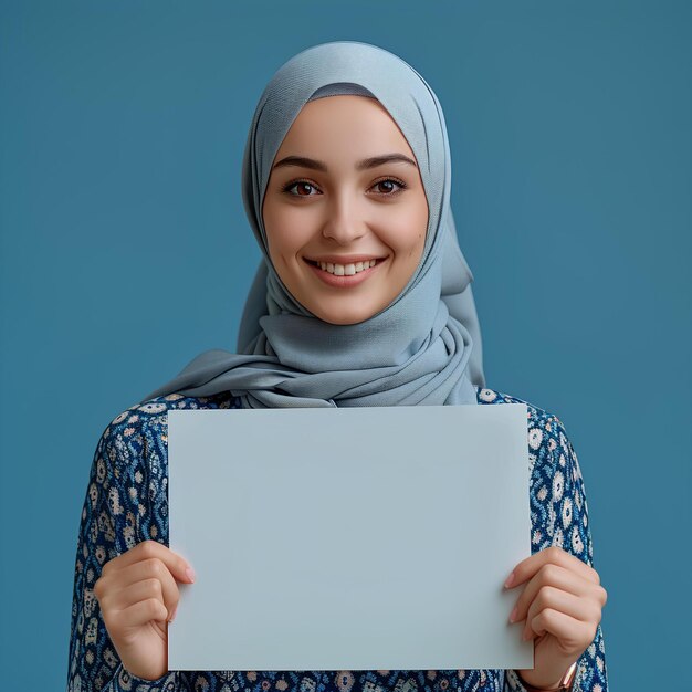 Uma mulher de hijab segurando uma tábua branca