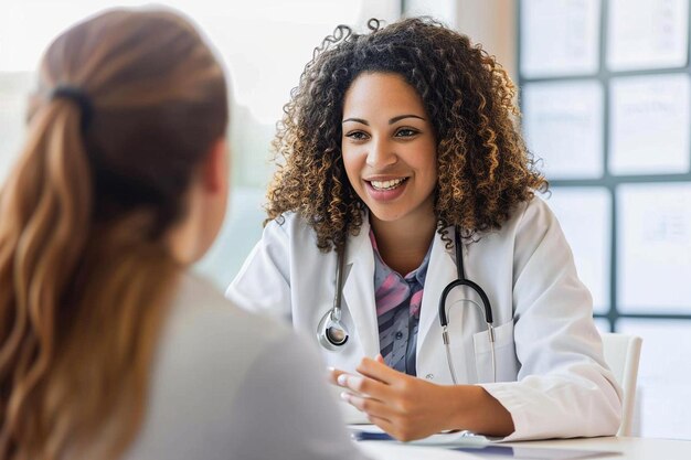 Foto uma mulher de jaleco conversando com um médico