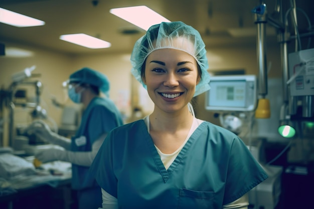 Uma mulher de jaleco e jaleco fica em um quarto de hospital.