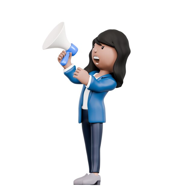 Uma mulher de jaqueta azul está segurando um megafone e gritando com o caminho de corte 3D render