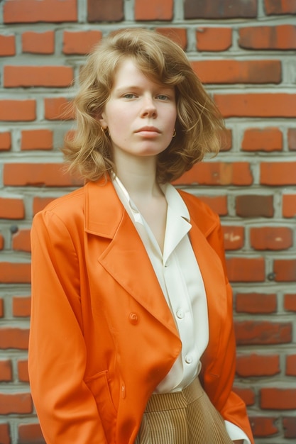 Uma mulher de jaqueta laranja e camisa branca está em frente a uma parede de tijolos