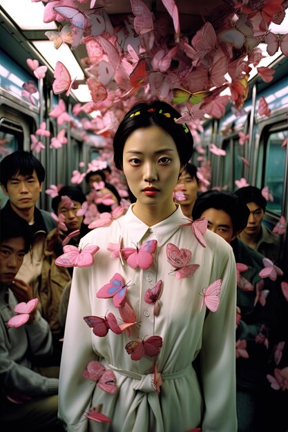 uma mulher de kimono branco está de pé em um vagão de metrô com borboletas em sua cabeça