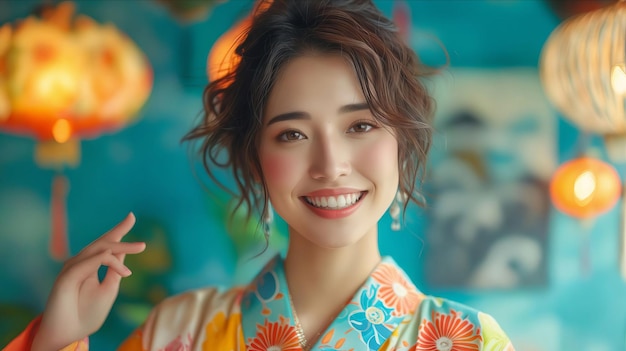 Uma mulher de kimono colorido está sorrindo.