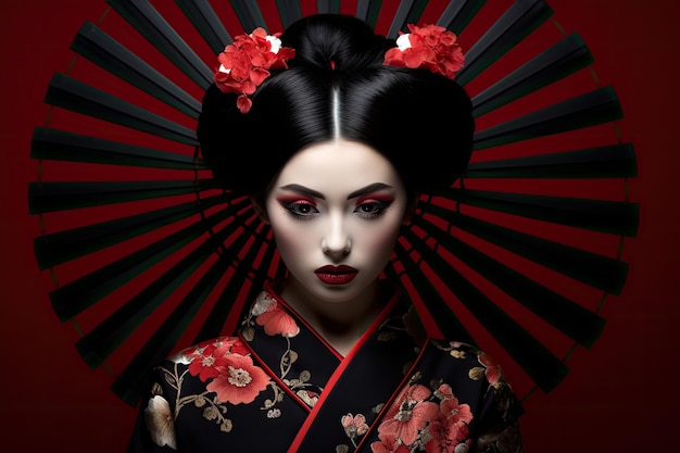 uma mulher de kimono com flores no cabelo