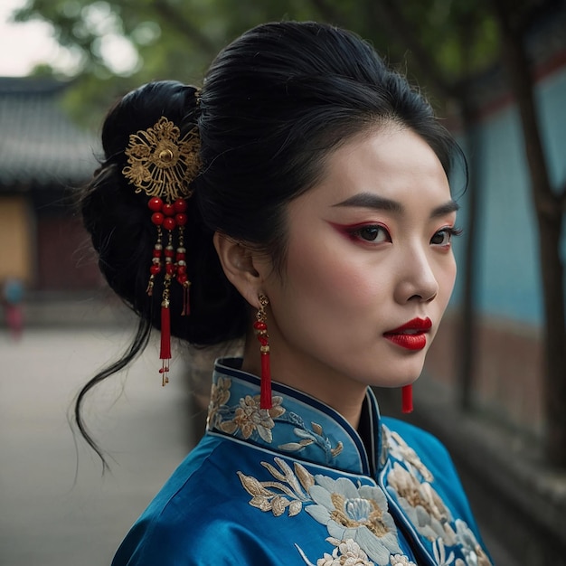 uma mulher de kimono com um brilho de lábios vermelho no cabelo