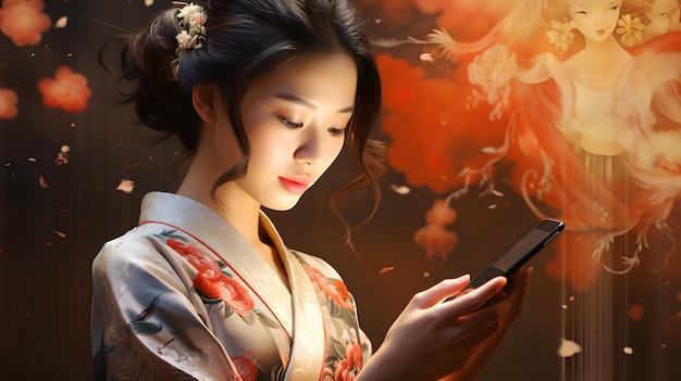 Uma mulher de kimono olhando para o seu telemóvel IA generativa