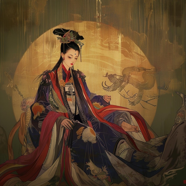 uma mulher de kimono senta-se em uma cadeira com uma grande bola de ouro ao fundo