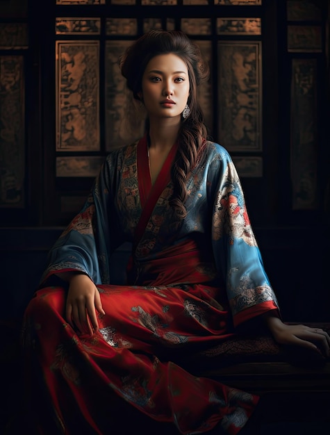 Uma mulher de kimono sentada em um