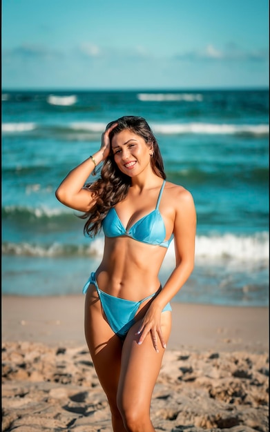 Foto uma mulher de lingerie azul na praia