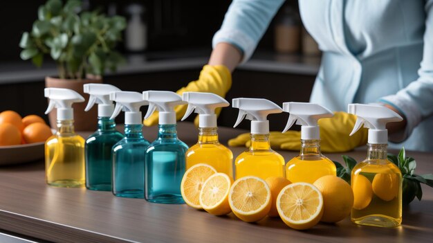 Foto uma mulher de luvas amarelas limpando um balcão da cozinha com uma garrafa de spray de limpação natural de citrinos